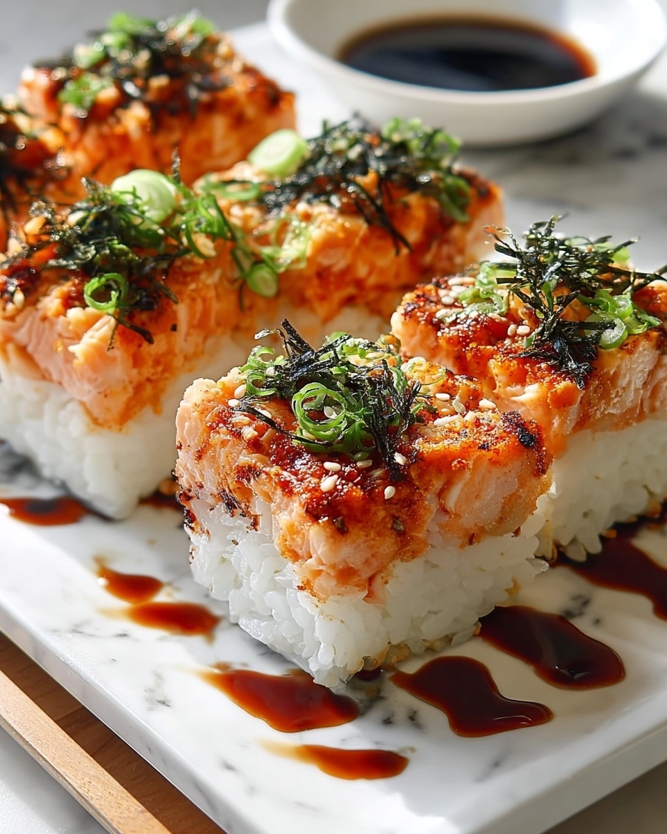 The image shows four square sushi pieces arranged on a white rectangular plate with a white marbled surface underneath. Each sushi piece has two visible layers: a bottom layer of glossy, tightly packed white rice and a thick top layer of cooked orange salmon mixed with sauce, lightly charred and textured. Thin black seaweed strips and small bright green sliced scallions are scattered on top of the salmon layers. Around the sushi pieces, dark soy sauce drips add contrast to the clean white plate. In the background, there is a white bowl filled with soy sauce. photo taken with an iphone --ar 4:5 --v 7