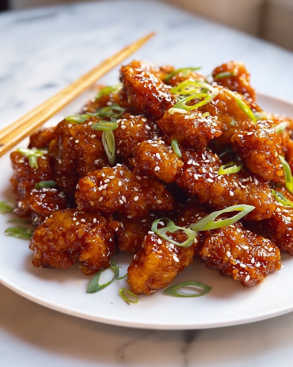 A white plate piled high with many pieces of crispy fried chicken coated in a shiny, dark brown sticky sauce, sprinkled generously with small white sesame seeds and sliced green onions. The chicken pieces are golden and crunchy under the sauce, and the green onion slices add a fresh pop of bright green color on top and scattered around the plate. The plate is on a white marbled surface, with a pair of golden chopsticks lying horizontally behind it. photo taken with an iphone --ar 4:5 --v 7