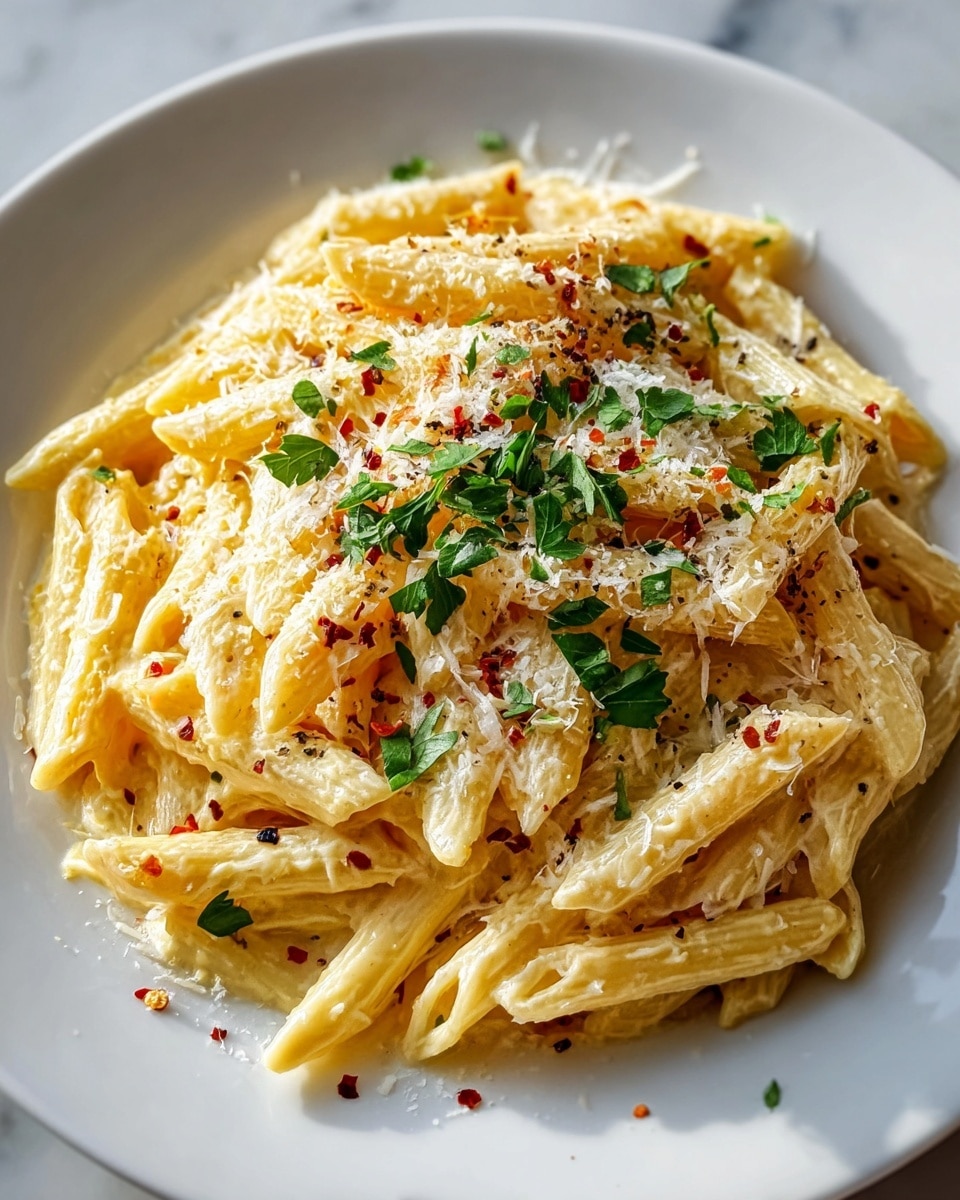 A close-up view of creamy pasta served on a white plate, showing about two layers of penne pasta coated with a smooth, light yellow cream sauce. The pasta is sprinkled with finely grated white cheese, small red pepper flakes, cracked black pepper, and chopped fresh green herbs scattered evenly over the top. The texture of the cream sauce looks thick and rich, clinging well to the pasta. The white plate sits against a white marbled texture surface. photo taken with an iphone --ar 4:5 --v 7