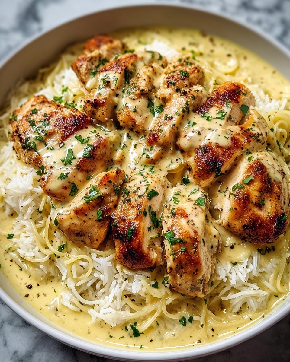 A white bowl filled with a base layer of white rice mixed with thin strands of light yellow spaghetti noodles, topped with several pieces of golden-browned grilled chicken covered in a creamy, pale yellow sauce speckled with black pepper. Fresh green herbs are sprinkled generously over the chicken and sauce, adding a fresh contrast. The sauce looks smooth and glossy, pooling around the rice and noodles beneath. The photo is close-up, showing the texture of the grilled chicken and creamy sauce in detail. Photo taken with an iphone --ar 4:5 --v 7