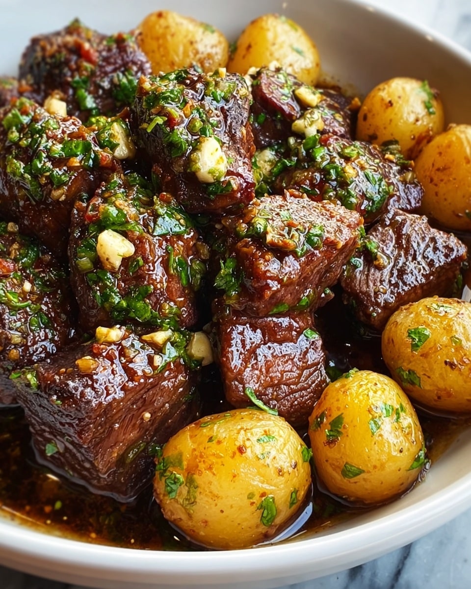 The dish shows a white bowl filled with two main layers: the bottom layer has round golden-brown baby potatoes with a slightly crispy texture, and the top layer consists of dark brown, juicy beef cubes coated with chopped green herbs and small pieces of garlic. The meat and potatoes appear glossy with a thin layer of dark sauce, and the green herbs add fresh color contrast. Photo taken with an iphone --ar 4:5 --v 7