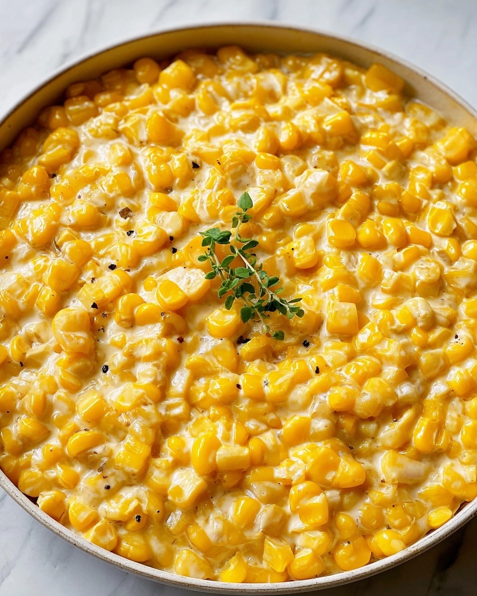 The image shows a close-up of a dish with one visible layer of cooked corn kernels mixed with a creamy white sauce, giving the corn a glossy, slightly wet texture. The yellow kernels are soft and plump, distributed evenly across the surface. There are small black pepper specks scattered throughout and a small green herb sprig placed near the center, adding a touch of natural color contrast. The dish is served in a large round pan with a light reflection on its edge. The background features a white marbled texture. photo taken with an iphone --ar 4:5 --v 7