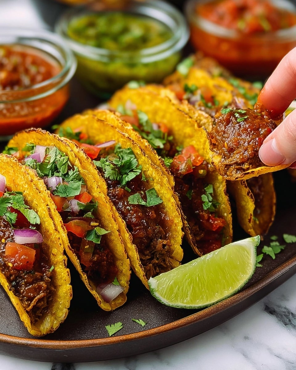 The image shows three small yellow corn tortillas, each toasted with a few brown spots and standing upright in a row on a dark plate, which rests on a white marbled surface. Each taco is filled with a few layers: a base of brown cooked meat, topped with a chunky red sauce, and garnished with fresh green cilantro leaves. The taco in the front is held by a woman's hand pinching its side, with a fresh lime wedge resting nearby on the plate. In the background, two small glass bowls hold red and green salsas with visible bits of herbs on top. photo taken with an iphone --ar 4:5 --v 7
