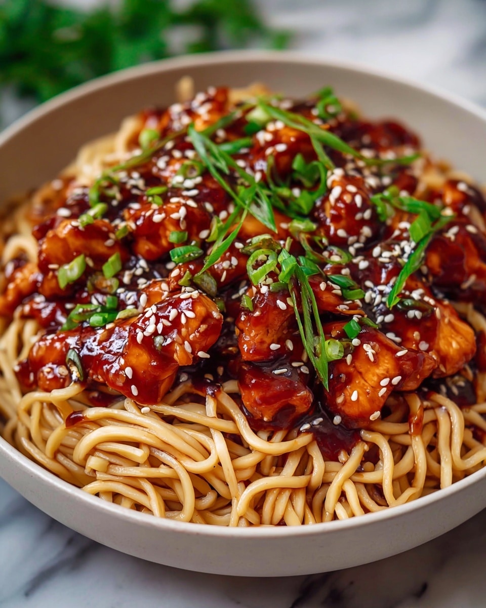 A bowl filled with cooked noodles forms the bottom layer, golden-brown and glossy with sauce, tangled loosely but full. On top, there are many chunks of chicken coated in a shiny reddish-brown glaze, scattered evenly. Small pieces of green onion are sprinkled across the dish, adding fresh bright green dots along with some sesame seeds. A sprig of fresh cilantro adds a touch of green as well. The bowl is white, resting on a white marbled surface, and a pair of chopsticks leans against the side. photo taken with an iphone --ar 4:5 --v 7