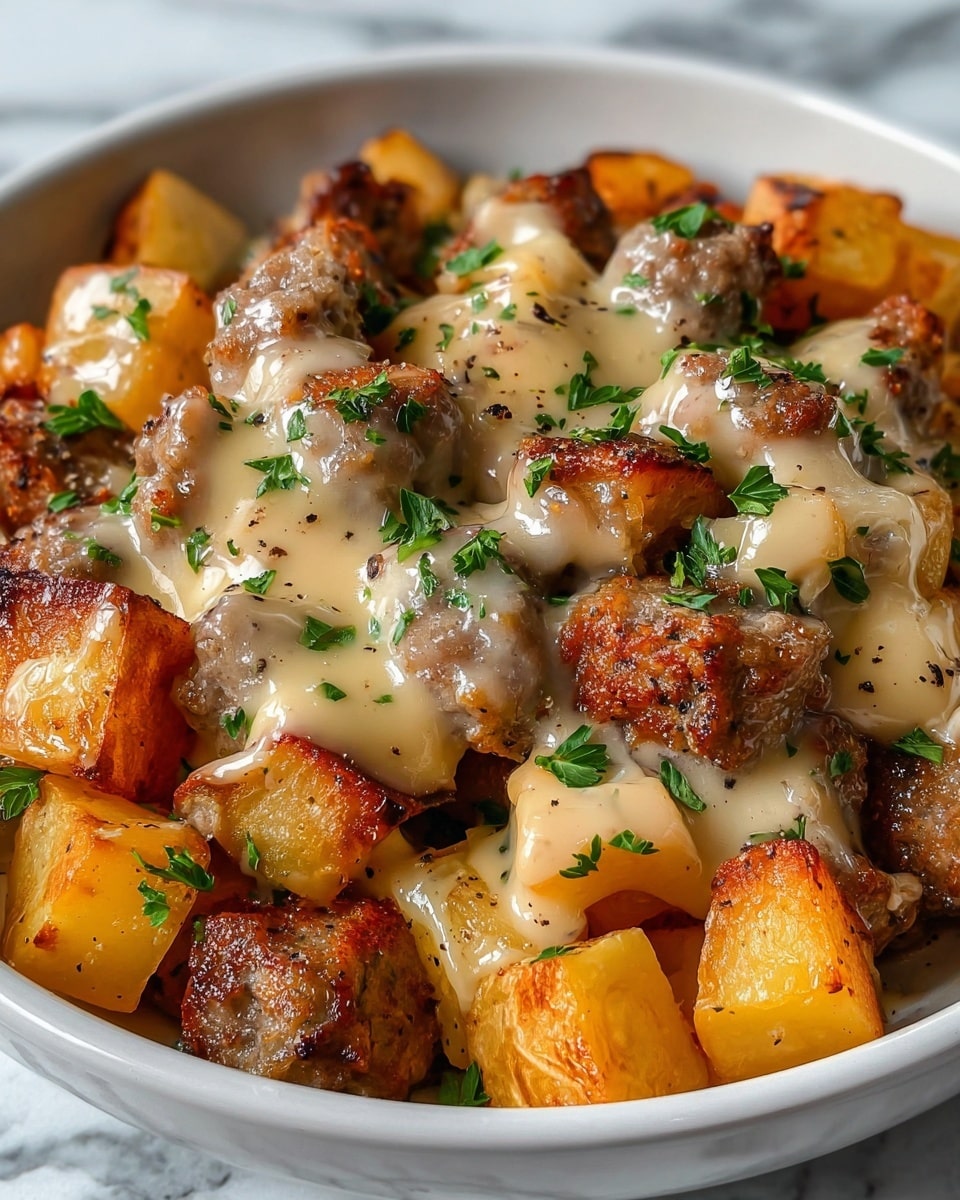 The dish shows a white bowl filled with three main layers: the bottom layer has roasted orange carrot chunks and golden yellow potato pieces, both with a slightly crispy texture; the middle layer features browned sausage pieces with grill marks, coated in a creamy, light beige sauce that glistens smoothly over the meat; the top layer is sprinkled with fresh green parsley leaves, adding a fresh color contrast and small black pepper flakes scattered throughout. The background is a white marbled texture. photo taken with an iphone --ar 4:5 --v 7