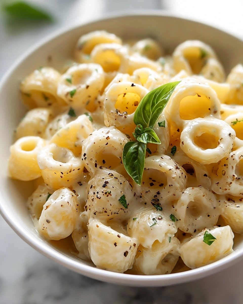 A white plate holds a creamy pasta dish made of small round shell-like pasta pieces coated in a smooth, pale yellow sauce. The pasta is sprinkled with small green herb pieces and black pepper flakes, adding texture and color contrast. A fresh green basil leaf sits on top in the center as a garnish. The rich sauce glistens under soft lighting, and the pasta looks tender and well-coated, with some black pepper dusted unevenly over the dish. The background shows a white marbled surface that adds a clean and fresh feel to the image. Photo taken with an iphone --ar 4:5 --v 7