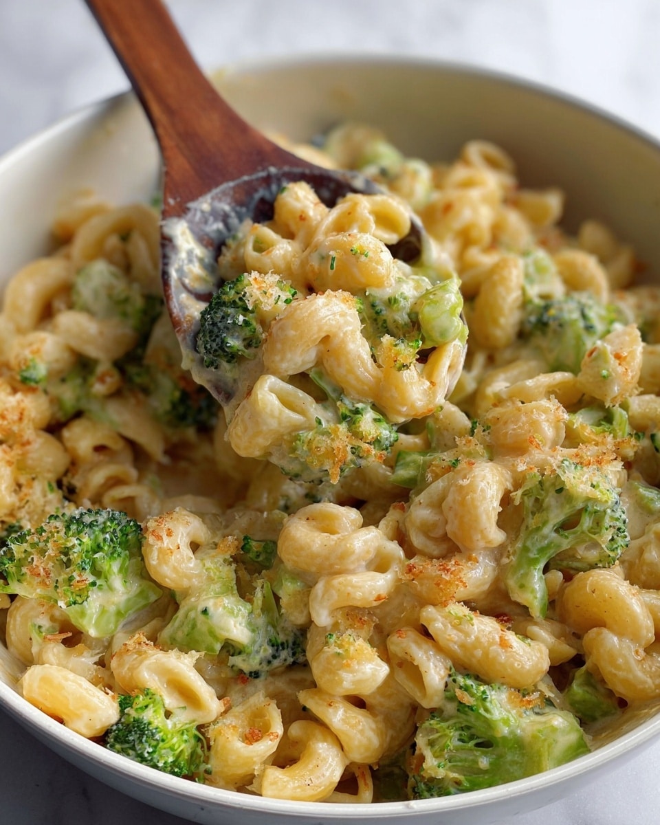 The dish shows a close-up of pasta mixed with small green broccoli florets, all coated in a creamy light yellow cheese sauce, with some golden brown toasted spots on the pasta and broccoli. The pasta is elbow-shaped and mixed evenly throughout the dish. A wooden spoon is scooping some of the pasta and sauce from the white bowl, revealing a smooth, creamy texture underneath. The surface beneath is a white marbled texture. Photo taken with an iphone --ar 4:5 --v 7