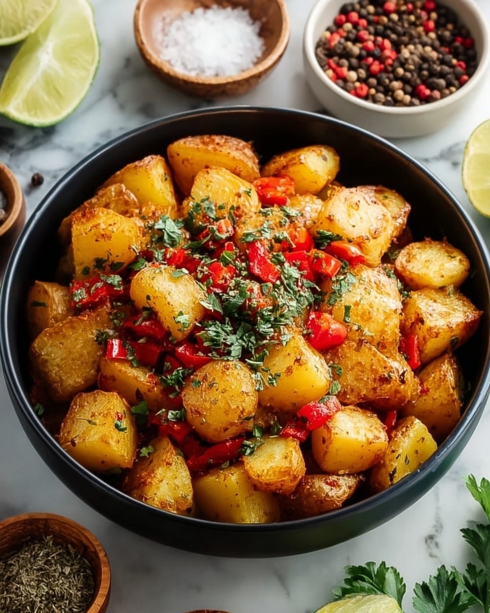 The image shows a bowl filled with golden-brown roasted potato cubes as the main layer, browned and crispy on the edges. Mixed in among the potatoes are small, bright red diced pieces of roasted red bell pepper, adding color contrast. The top layer is scattered with fresh, green chopped parsley, giving a fresh look and texture. Surrounding the white bowl on a white marbled surface are small bowls containing whole black peppercorns, coarse sea salt, dried herbs, and some reddish spice powder, along with two lime halves placed near the bowl. Photo taken with an iphone --ar 4:5 --v 7