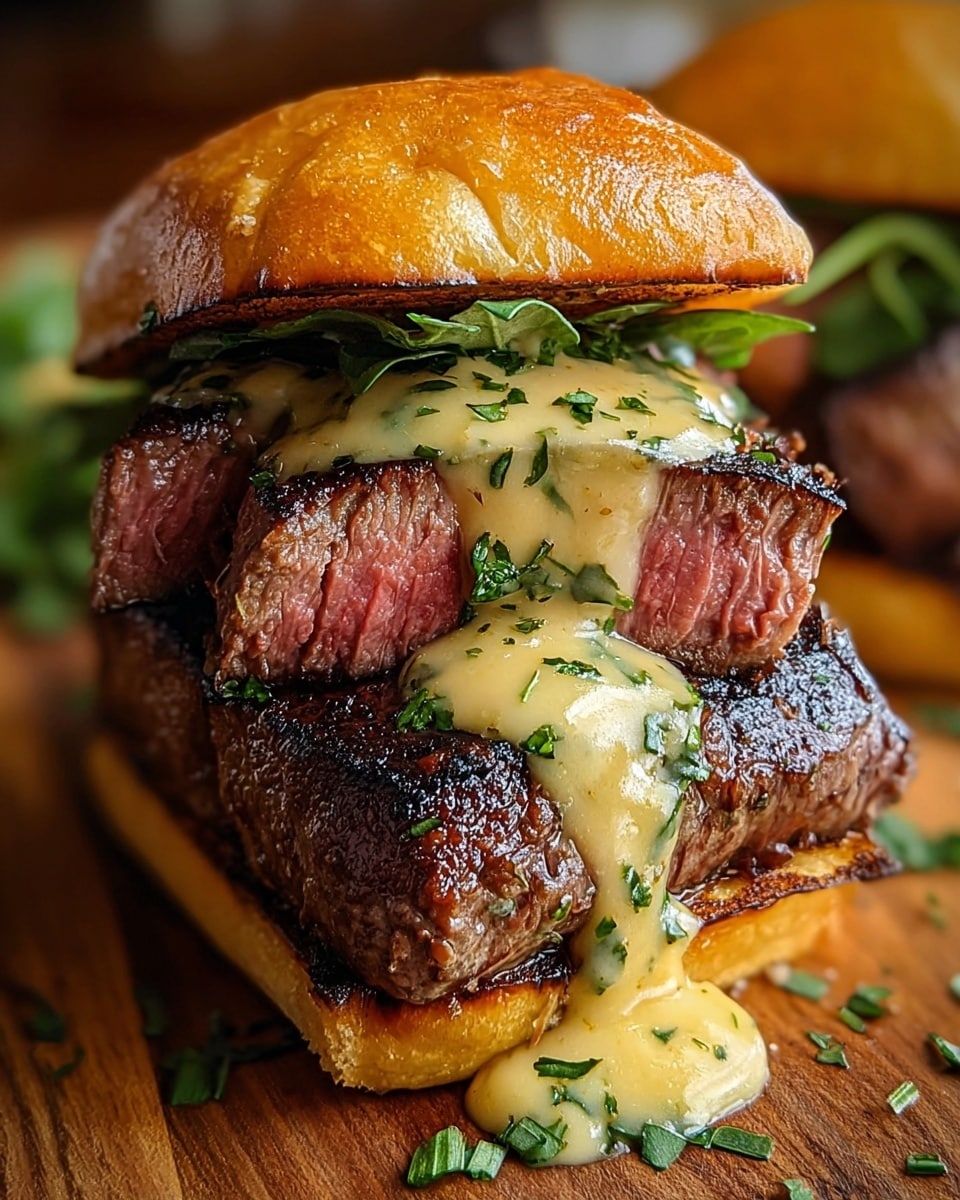 A close-up view of a sandwich with three main layers inside a golden toasted bun. The bottom bun is soft and shiny with a slight char on the edges. On top sits a thick, juicy piece of grilled steak with a dark charred crust and a pink center, covered in a creamy light yellow sauce speckled with green herbs. Above this is another slice of steak, cut to show its pink, tender inside, again topped with the same creamy herb sauce. The top bun, also toasted and shiny, is slightly lifted, showing some fresh, bright green leafy lettuce peeking out. The sandwich rests on a white marbled surface with a blurred second sandwich in the background. photo taken with an iphone --ar 4:5 --v 7