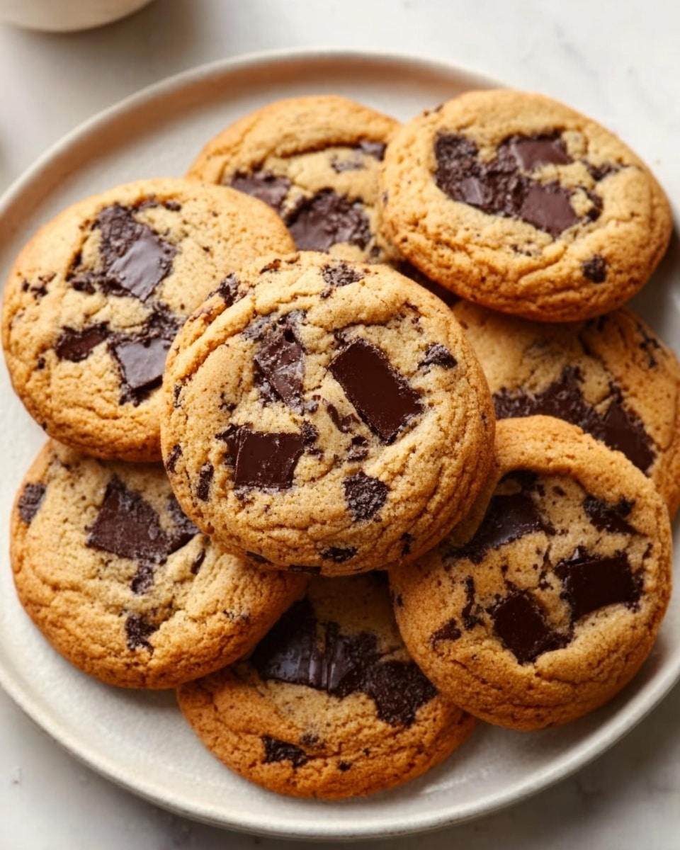 A stack of seven golden-brown chocolate chip cookies is arranged on a round white plate. Each cookie has a slightly crispy edge with large, dark chocolate chunks melted unevenly across the surface, creating a mix of smooth and rough textures. The cookies have a soft, chewy center with visible cracks, and the white marbled background adds a clean, bright contrast to the warm colors of the cookies. Photo taken with an iphone --ar 4:5 --v 7