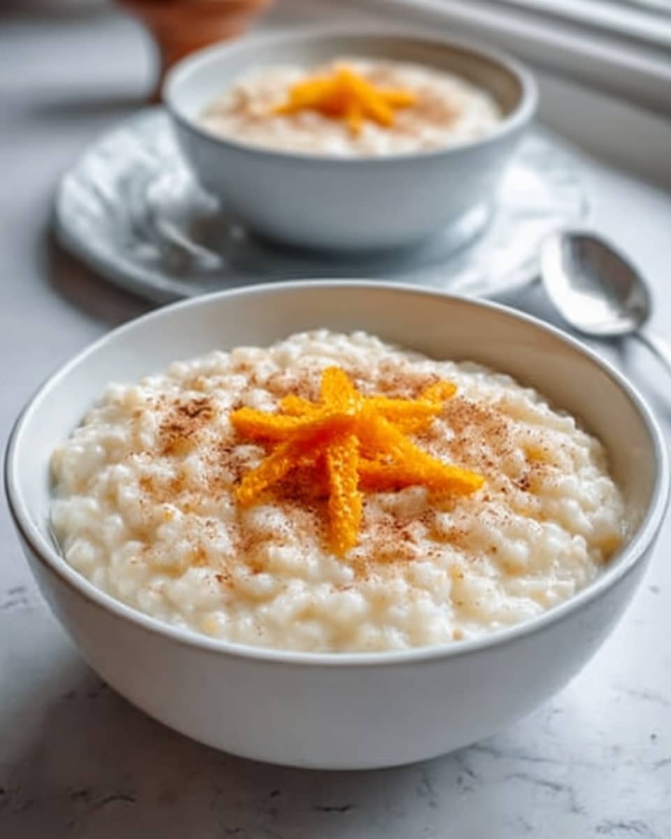 The image shows a white bowl filled with creamy rice pudding placed on a white marbled surface. The rice pudding is thick and smooth, with small rice grains visible throughout. On top, there is a simple decoration made with thin orange strips arranged in a star shape, and a light sprinkle of cinnamon powder covers the center. The bowl is round with a clean, smooth finish, and natural light softly highlights the texture of the pudding and the topping. The background is bright and out of focus, adding warmth to the scene, with another similar bowl seen blurred in the back. photo taken with an iphone --ar 4:5 --v 7