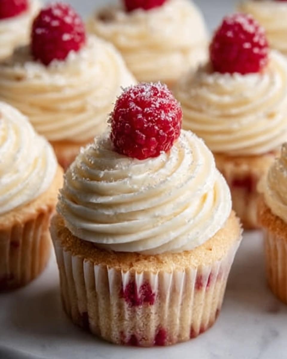 The image shows several cupcakes arranged close together on a white marbled surface. Each cupcake has a light golden-brown base with a soft texture, topped with a thick layer of smooth, swirled cream-colored frosting. At the top center of each frosting swirl sits a single bright red raspberry, adding a fresh and vibrant touch. The cupcakes have a simple, neat appearance with the white liners visible around the base. Photo taken with an iphone --ar 4:5 --v 7