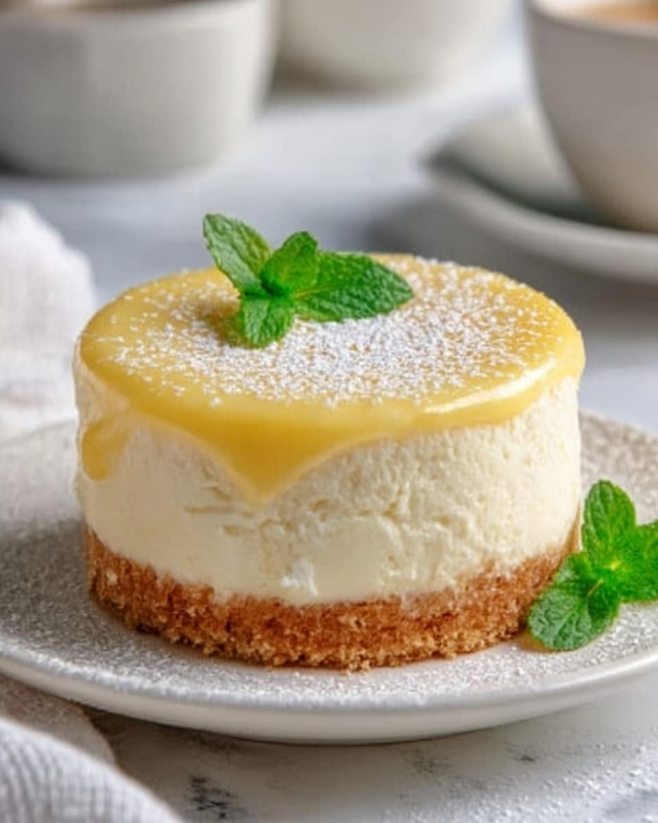 A small round cheesecake with a thick golden brown crumb crust at the bottom, topped with a smooth, creamy white layer of cheesecake filling, and covered by a shiny pale yellow glaze. On top, there are a few fresh green mint leaves placed in the center, and a light dusting of white powdered sugar around them. The cake sits on a white plate, with a soft white marbled background. Photo taken with an iphone --ar 4:5 --v 7