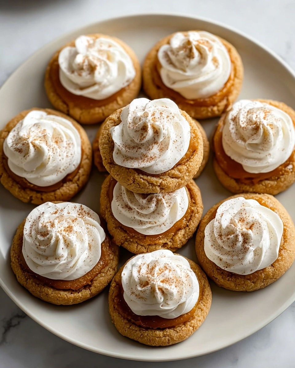 A white plate holds nine round cookies arranged close together, each cookie having three layers: a light golden cracked base, a smooth orange-brown middle layer of pumpkin filling, and a white whipped cream swirl on top with a dusting of light brown spice powder. The cookies are evenly spaced on the plate, sitting on a white marbled surface. The lighting highlights the soft texture of the whipped cream and the crumbly cookie edges, creating a warm, inviting look. photo taken with an iphone --ar 4:5 --v 7