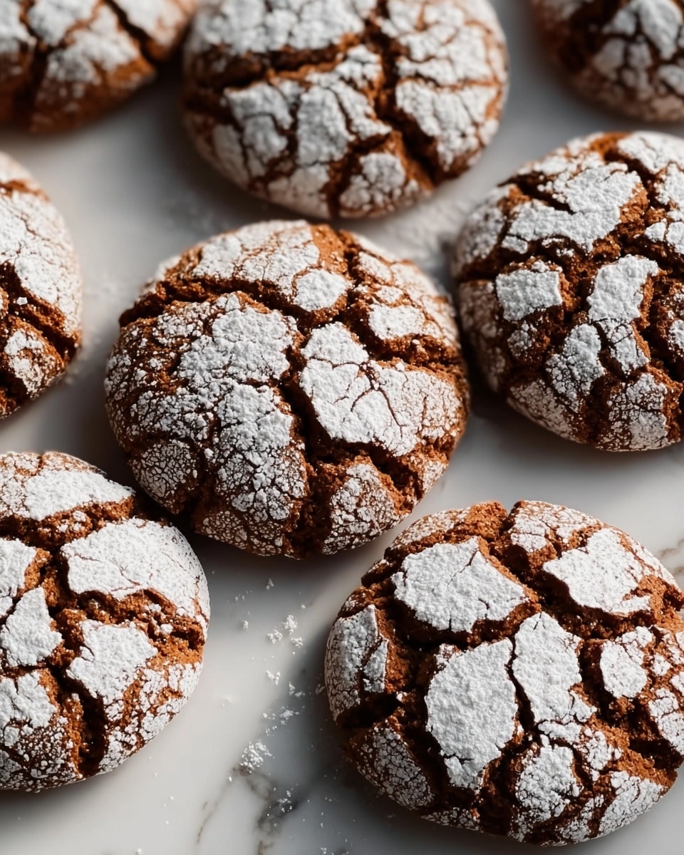 A close-up view shows a group of cracked round cookies dusted with a thick layer of white powdered sugar. Each cookie has deep brown cracks that form an irregular pattern, revealing the soft, textured cookie underneath. The powdered sugar covers the top and sides unevenly, creating a contrast between the white sugar and the warm brown color of the cookie. They are placed on a white marbled surface with some powdered sugar scattered around, adding to the rustic and fresh-baked look. photo taken with an iphone --ar 4:5 --v 7