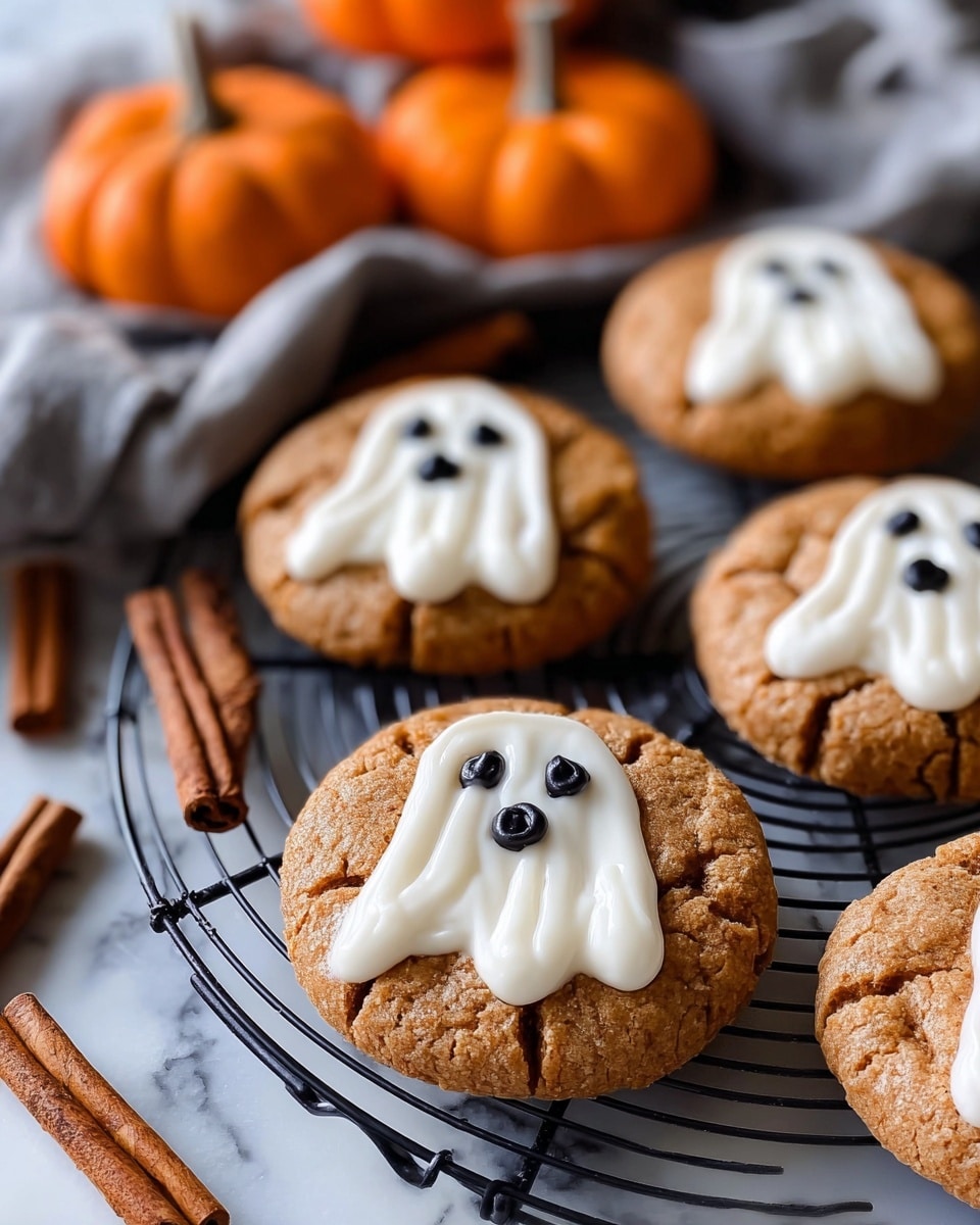 The image shows five round cookies with a cracked, soft texture and a warm brown color, each topped with white icing shaped like a small ghost with black eyes and a mouth. The ghost icing appears smooth and slightly shiny, placed slightly off-center on each cookie. The cookies rest on a black cooling rack, surrounded by a few cinnamon sticks. The setting includes blurred orange pumpkins and a gray cloth in the background over a white marbled surface. photo taken with an iphone --ar 4:5 --v 7