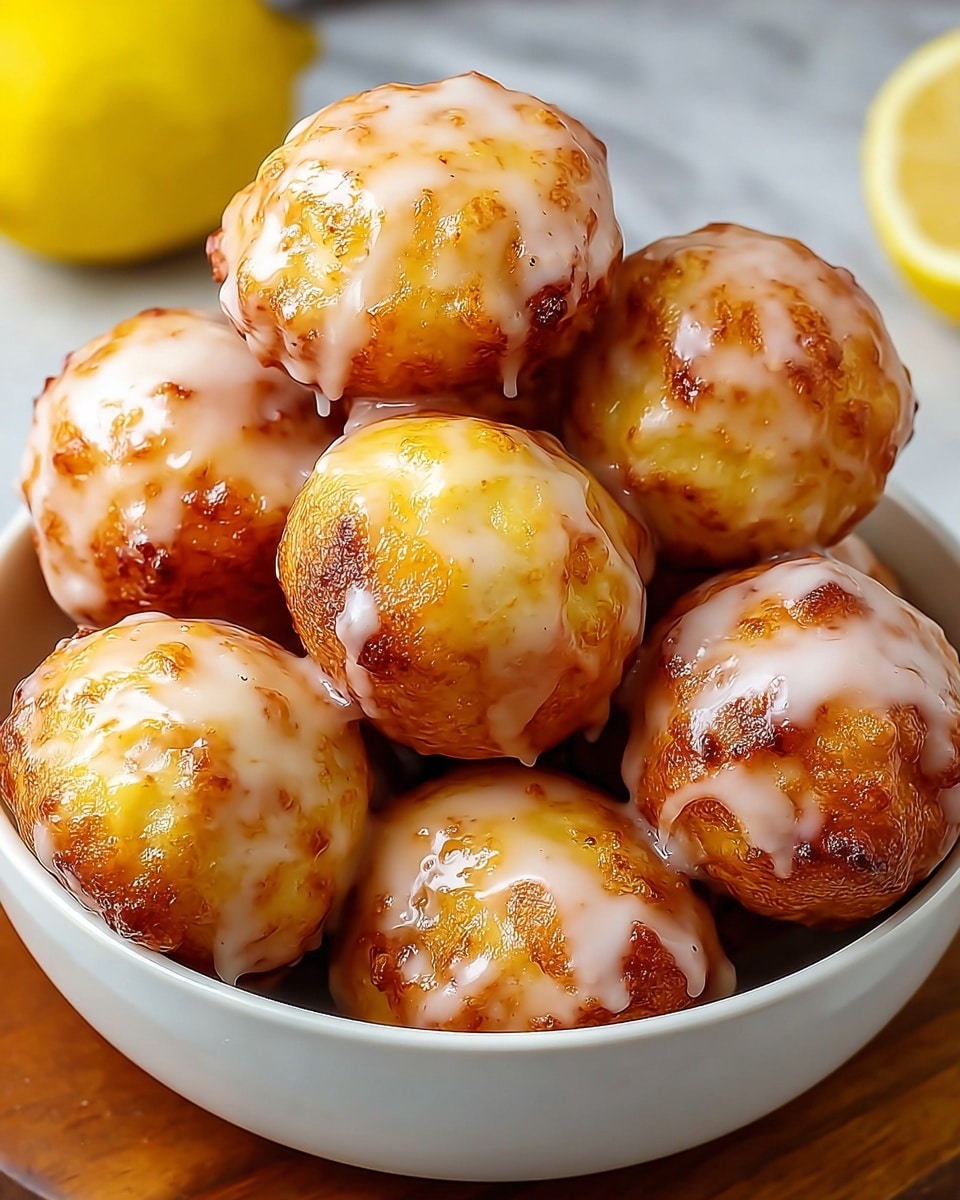 A white bowl filled with round, golden-brown fried dough balls stacked in layers, each dough ball covered with a shiny, smooth white glaze drizzled unevenly over the top and sides, giving a glossy texture. The glaze contrasts with the warm, textured surface of the dough balls, showing light browning spots. The bowl is placed on a wooden base with a blurred lemon half in the background, all set against a white marbled surface. Photo taken with an iphone --ar 4:5 --v 7