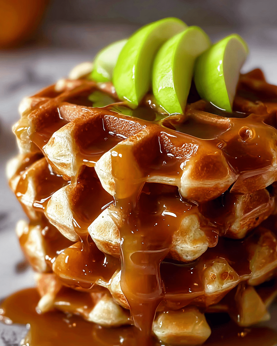 A close-up of two stacked waffles covered in thick, shiny caramel syrup that drips down the edges, showing the waffle's golden brown, crispy texture with deep grids. On top of the stack are three slices of fresh green apple, one standing upright and the others leaning against it, adding a pop of bright green color. The dish is placed on a clean white plate set on a white marbled surface, with a blurred green apple in the background, giving a fresh and warm feeling. photo taken with an iphone --ar 4:5 --v 7