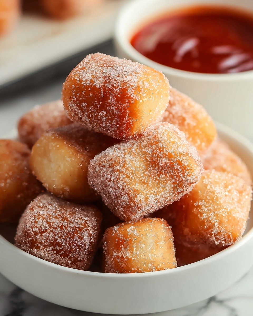 A white bowl filled with small, square-shaped fried dough pieces, each coated heavily with sugar crystals that give them a sparkling texture; the dough pieces are golden brown with a slightly rough surface, stacked neatly inside the bowl, with a small white cup of dark red dipping sauce placed in the background on a white marbled texture. photo taken with an iphone --ar 4:5 --v 7