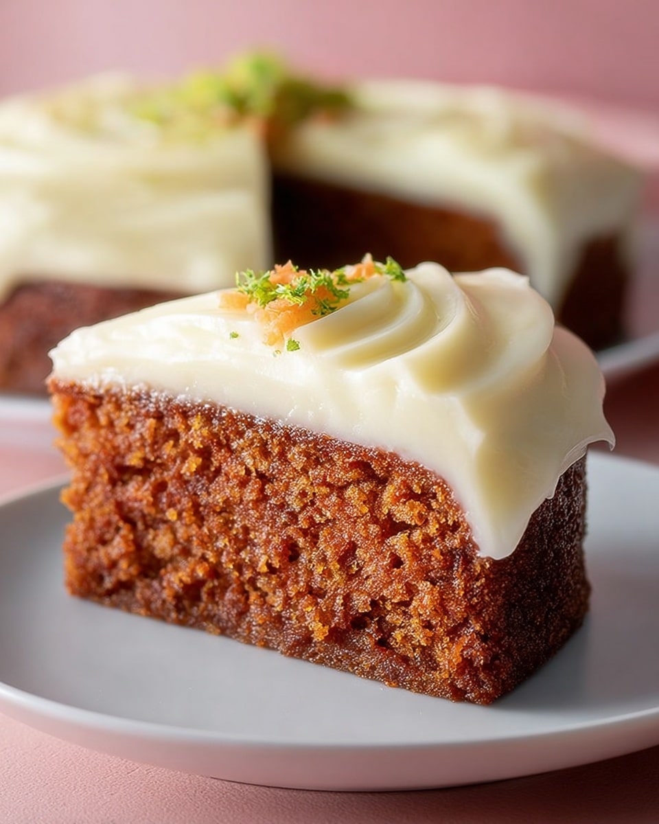 A close-up view of a single slice cut from a round, two-layer carrot cake placed on a white plate. The bottom layer is a rich, dark brown carrot cake with a moist texture, while the top layer is a thick, creamy off-white frosting spread smoothly with soft, wavy ridges. The rest of the cake visible beside the slice has the same glossy frosting covering it evenly, with a small garnish of grated carrot and a touch of green herbs on top. The background shows a light pink surface with a soft feel. photo taken with an iphone --ar 4:5 --v 7