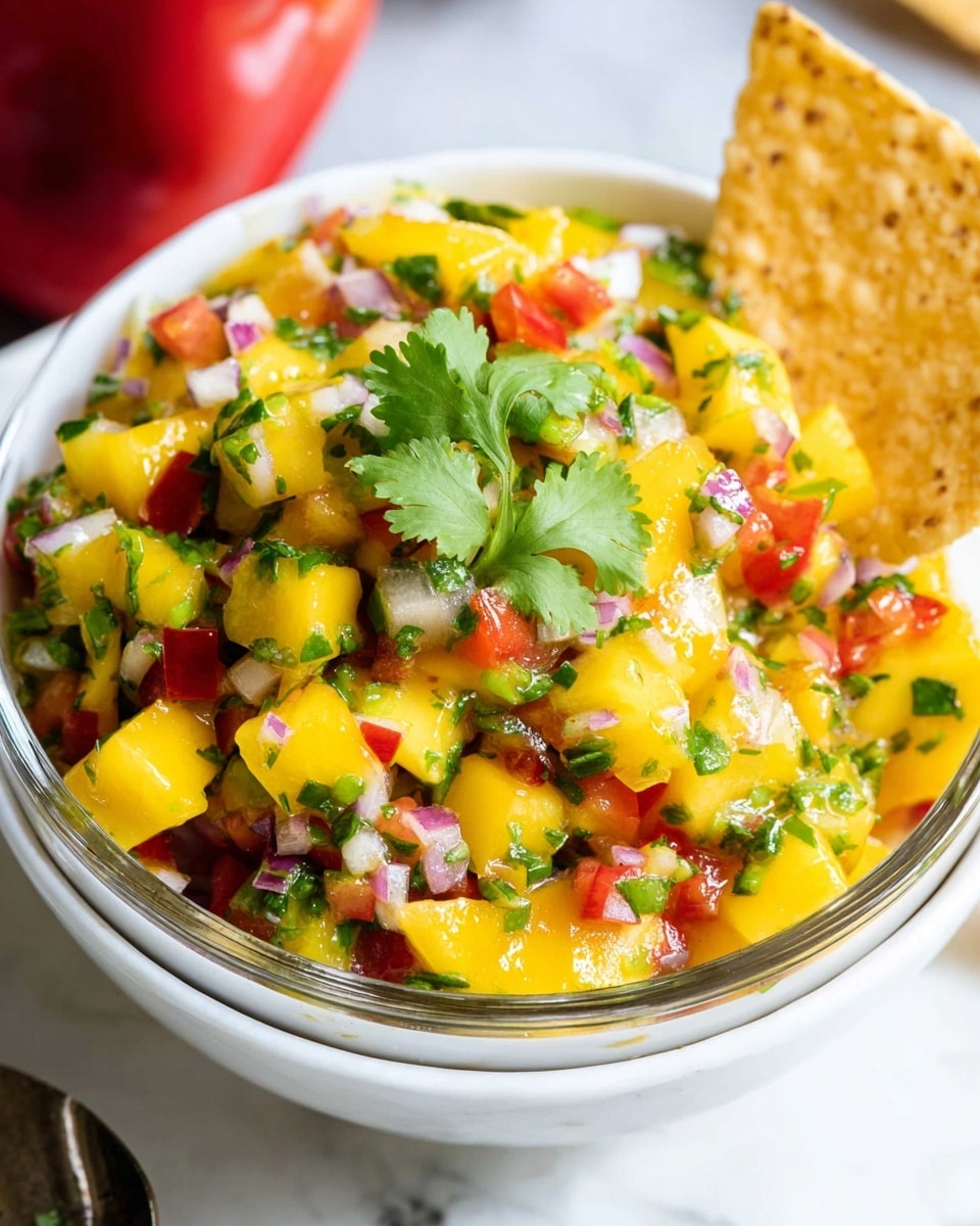 A white bowl filled with a colorful mango salsa showing small chunky layers of bright yellow mango pieces, red bell pepper cubes, green jalapeño bits, white onion chunks, and green cilantro leaves mixed together, with a large triangular yellow corn chip partially stuck into the salsa on the right side, all sitting on a white marbled surface with a blurred background including a red tomato. photo taken with an iphone --ar 4:5 --v 7