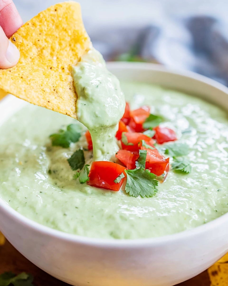 A white bowl filled with a smooth light green creamy sauce, with small bubbles visible on the surface. In the center of the sauce, there are small pieces of bright red chopped tomatoes and fresh green cilantro leaves as garnish. A yellow tortilla chip dipped into the sauce is held close to the bowl by a woman's hand, showing the sauce clinging to the chip. The bowl and chip rest on a white marbled surface with a blurred blue and white cloth in the background. photo taken with an iphone --ar 4:5 --v 7