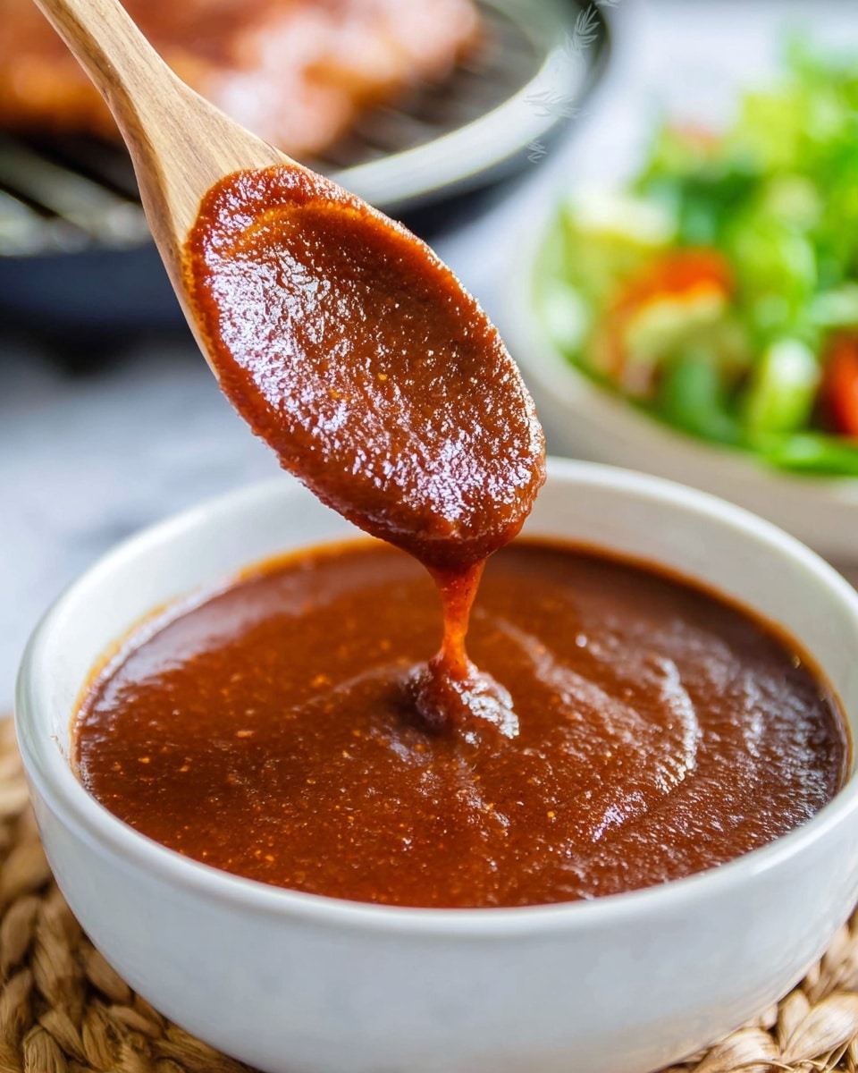 A close-up image of a thick, smooth, dark reddish-brown sauce being lifted by a wooden spoon above a white bowl full of the same sauce. The sauce has a slightly glossy texture with small visible specks, showing a rich and hearty consistency. The background is softly blurred with hints of a white marbled surface and green salad elements. photo taken with an iphone --ar 4:5 --v 7