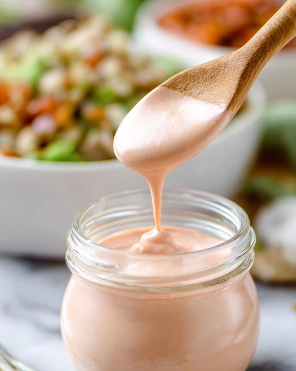 A clear glass jar filled with a creamy light orange sauce that has a smooth and thick texture, with a wooden spoon lifting some sauce in a slow drip back into the jar. In the blurred background, there is a white bowl filled with a rice and vegetable mix that has green peas and other small colorful ingredients. The whole scene is set on a white marbled textured surface. photo taken with an iphone --ar 4:5 --v 7