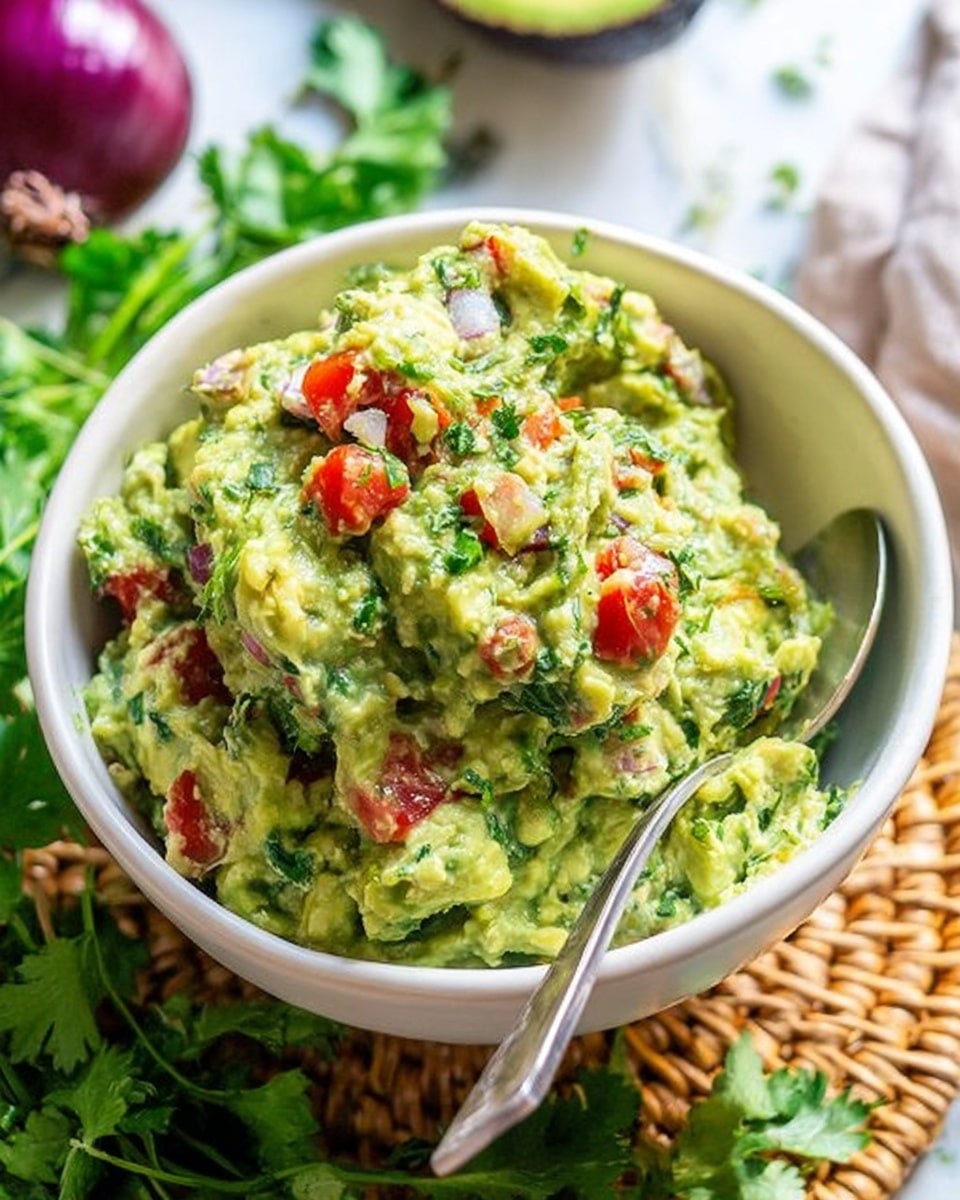 This image shows a close-up of a white bowl filled with chunky guacamole placed on a white marbled surface. The guacamole has a coarse texture and is mostly light green with visible pieces of darker green cilantro and chopped red tomatoes mixed in. The bowl is dense with the guacamole, piled high and uneven on top, and a silver spoon is stuck into it on the left side. The background includes scattered cilantro leaves, tomato pieces, and a halved red onion, all slightly out of focus to keep attention on the guacamole. The lighting is bright and natural, enhancing the fresh and vibrant colors of the ingredients. Photo taken with an iphone --ar 4:5 --v 7
