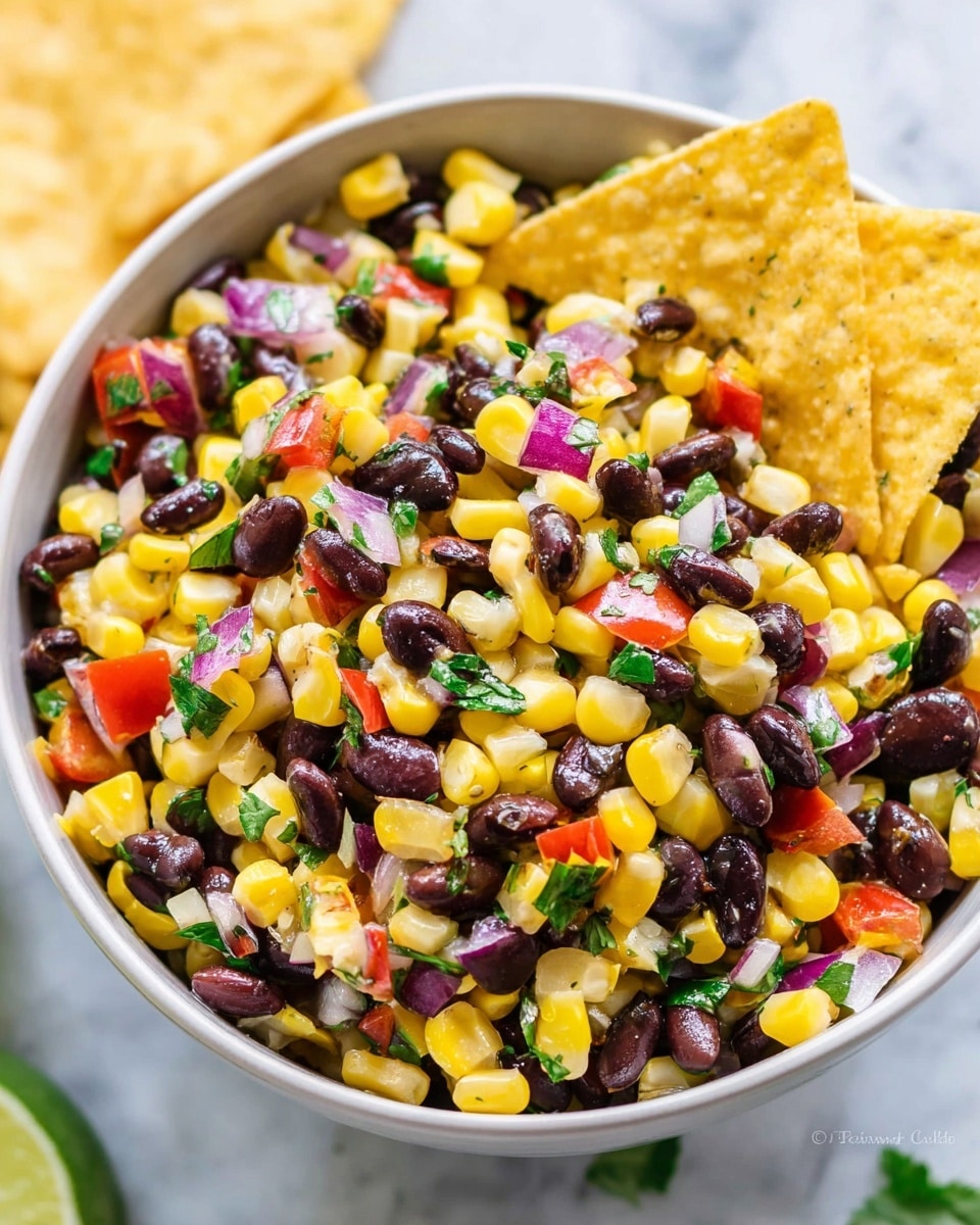 A close-up of a bowl filled with a colorful corn and black bean salad, showing layers of bright yellow corn kernels mixed with dark black beans, small chopped red bell peppers, finely diced red onions, and fresh green cilantro pieces, all mixed evenly together. A large white bowl holds the salad, with a yellow tortilla chip placed upright near the back edge of the bowl. The background shows a white marbled texture, adding a clean and fresh look to the image. photo taken with an iphone --ar 4:5 --v 7