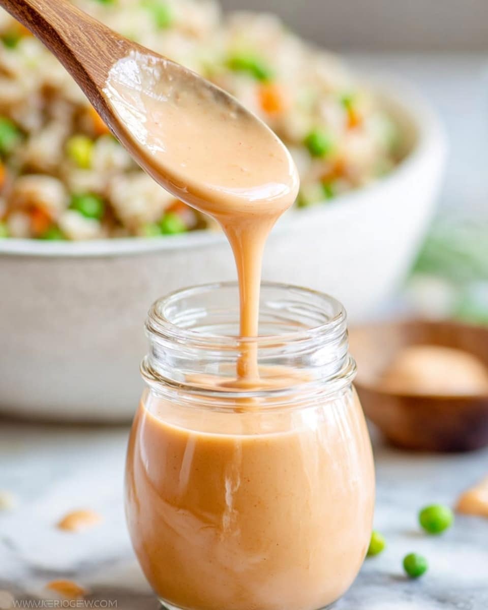 A close-up of a small clear glass jar filled with thick, creamy light pink sauce. A wooden spoon is dipped in the jar, lifting some sauce that drips slowly back into the jar, showing its smooth and glossy texture. The background is softly blurred, featuring a white bowl with mixed food and a white marbled surface beneath. Photo taken with an iphone --ar 4:5 --v 7