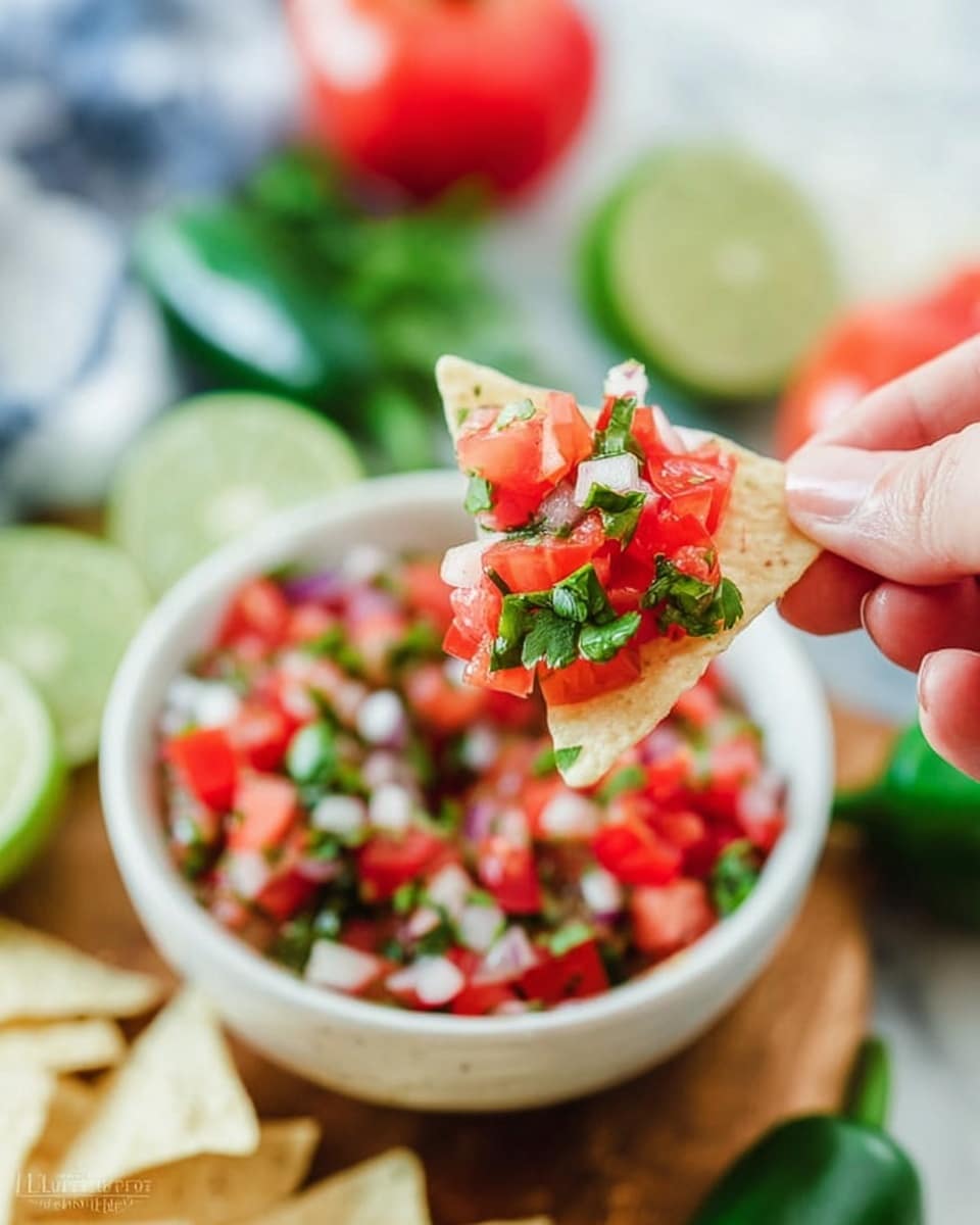 A close-up view of a woman's hand holding a triangular tortilla chip topped with finely chopped red tomatoes and green herbs. Below, out of focus, there is a white bowl filled with a fresh salsa mixture of diced red tomatoes and green herbs. The background shows blurred fresh lime cut in half and some green leafy herbs, all set on a white marbled surface. The scene is bright and colorful, focusing on the fresh ingredients and the chip with salsa. photo taken with an iphone --ar 4:5 --v 7