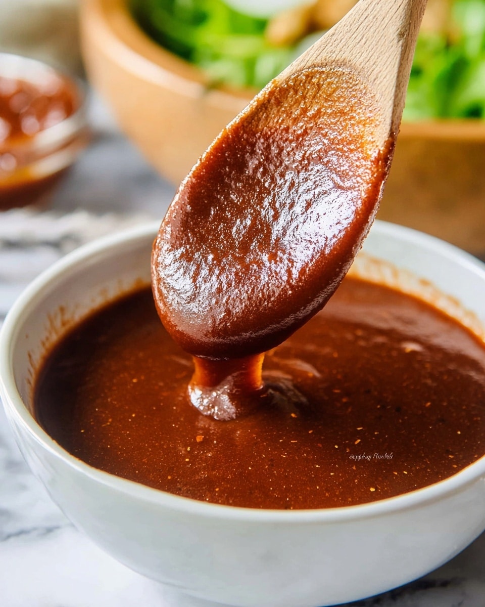 A close-up image shows a thick, reddish-brown barbecue sauce with a smooth but slightly textured surface, held by a wooden spoon dripping sauce back into a white bowl filled with the same sauce. The sauce looks glossy and rich. The bowl is placed on a woven mat, with blurred background elements including a grill and fresh green salad, all set on a white marbled surface. photo taken with an iphone --ar 4:5 --v 7