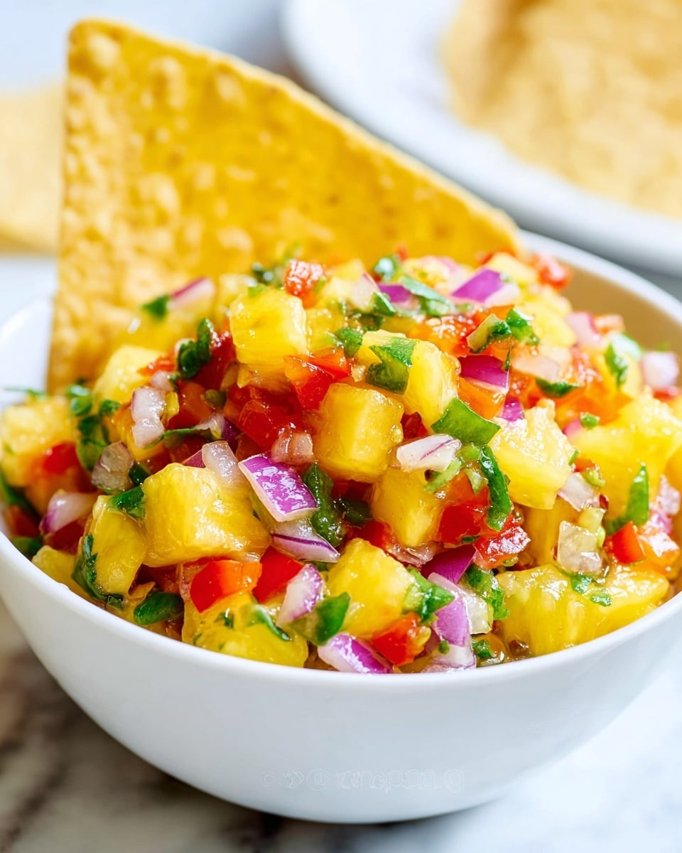 A white bowl filled with colorful pineapple salsa sits on a white marbled surface. The salsa is made of three visible layers: the bottom layer has bright yellow pineapple chunks, the middle layer includes red bell pepper pieces and small bits of purple onion, and the top layer is sprinkled with fresh green cilantro leaves. A yellow corn chip is standing upright inside the salsa on the right side of the bowl. The background is softly blurred with hints of pineapple and onion colors. photo taken with an iphone --ar 4:5 --v 7